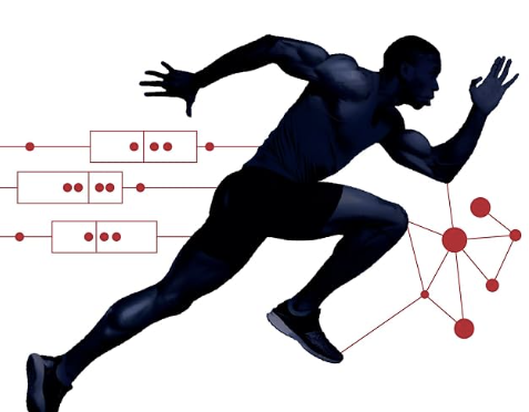Sprinting athlete silhouette with data plots